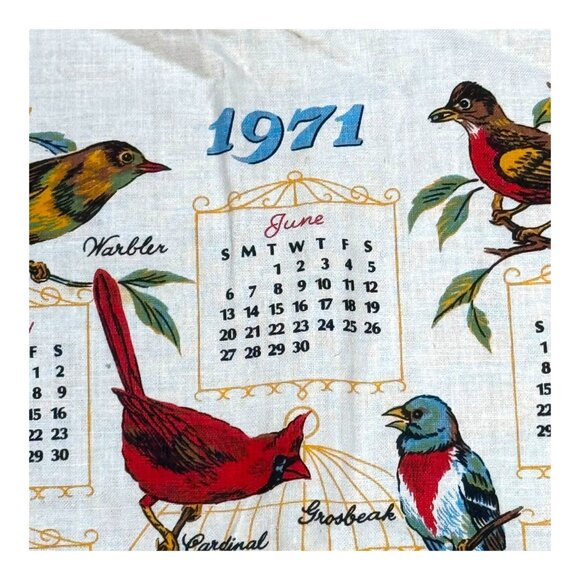 Vintage 1971 Linen Calendar Tea Towel With Song Birds Warbler Cardinal Blue Jay - Picture 2 of 6